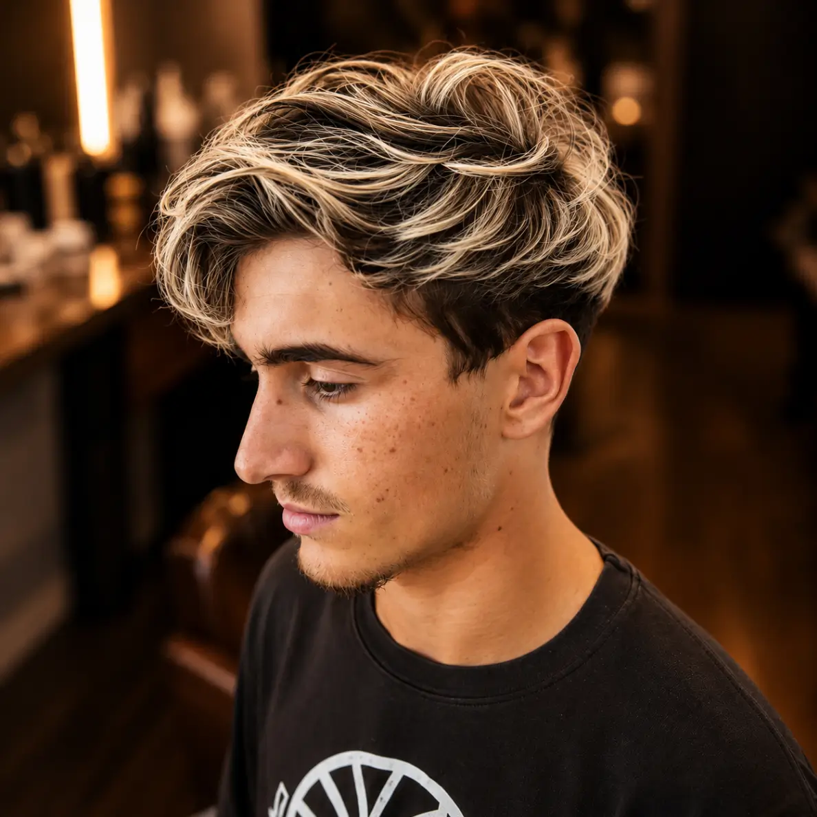 Cabelo masculino com luzes e mechas iluminadas loiras na Barbearia Santana Rio Verde GO