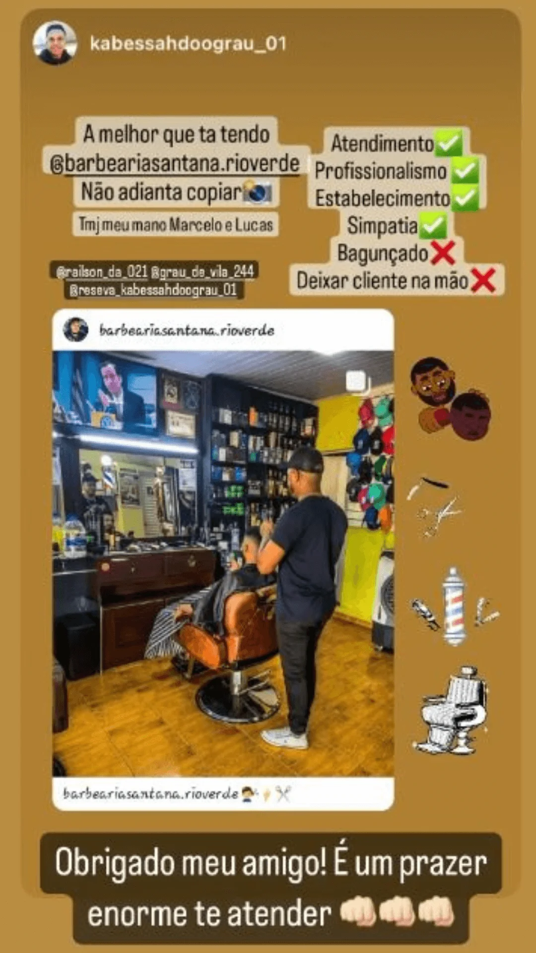 Stories do Instagram postado por cliente elogiando a Barbearia Santana e os barbeiros em Rio Verde GO