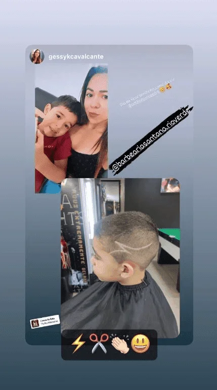 Stories do Instagram postado por cliente mãe com seu filho pequeno após corte infantil na Barbearia Santana em Rio Verde GO