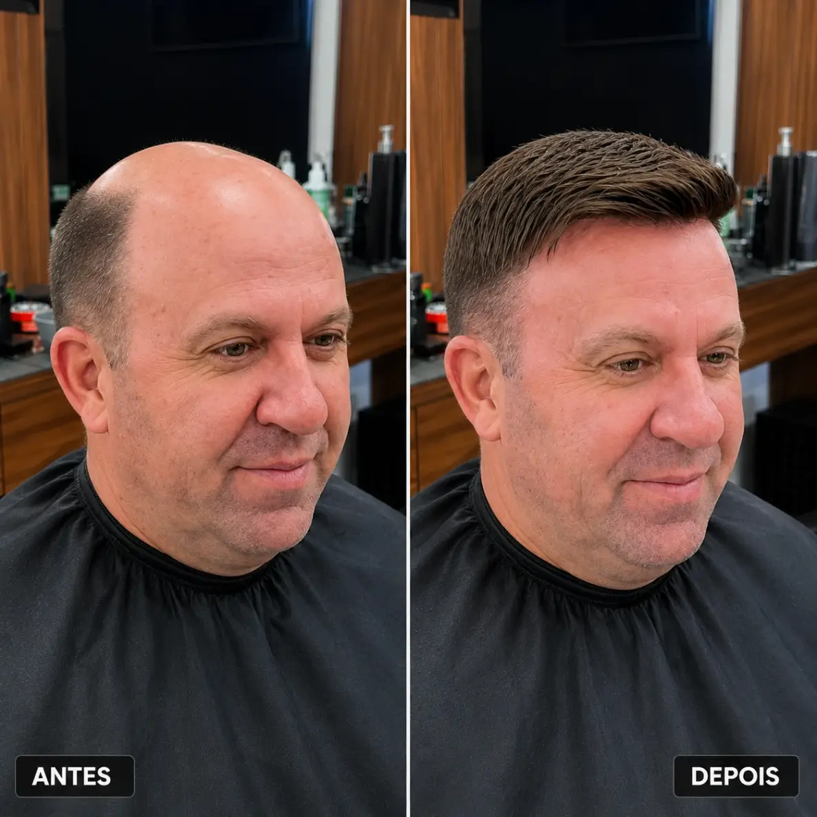Antes e depois de prótese capilar de micropele em cliente da Barbearia Santana em Rio Verde GO